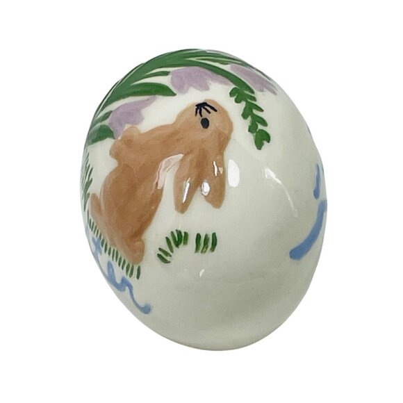 Easter Egg With Bunny & Flower Design Hand-Painted Glazed Ceramic Vintage 1982 - Picture 2 of 7